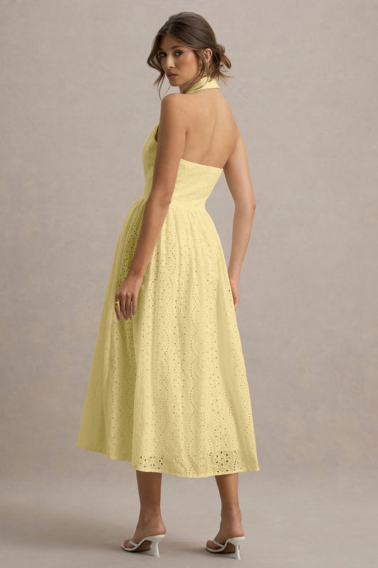 Jezebel | Vestido Midi Amarillo De Broidery Premium con Cuello Halter y Cuello