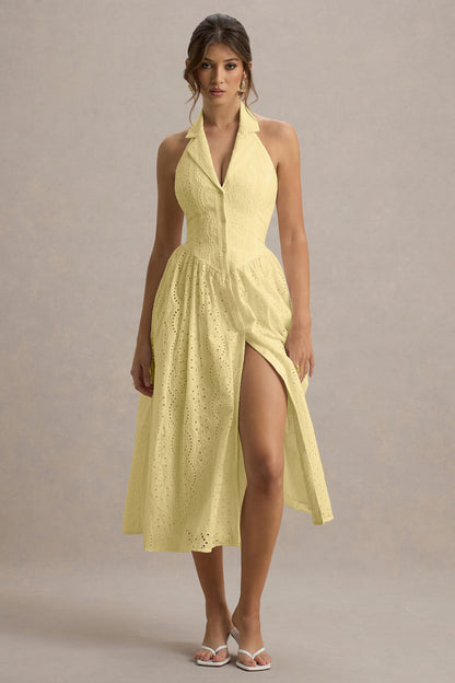 Jezebel | Vestido Midi Amarillo De Broidery Premium con Cuello Halter y Cuello
