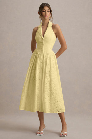 Jezebel | Vestido Midi Amarillo De Broidery Premium con Cuello Halter y Cuello