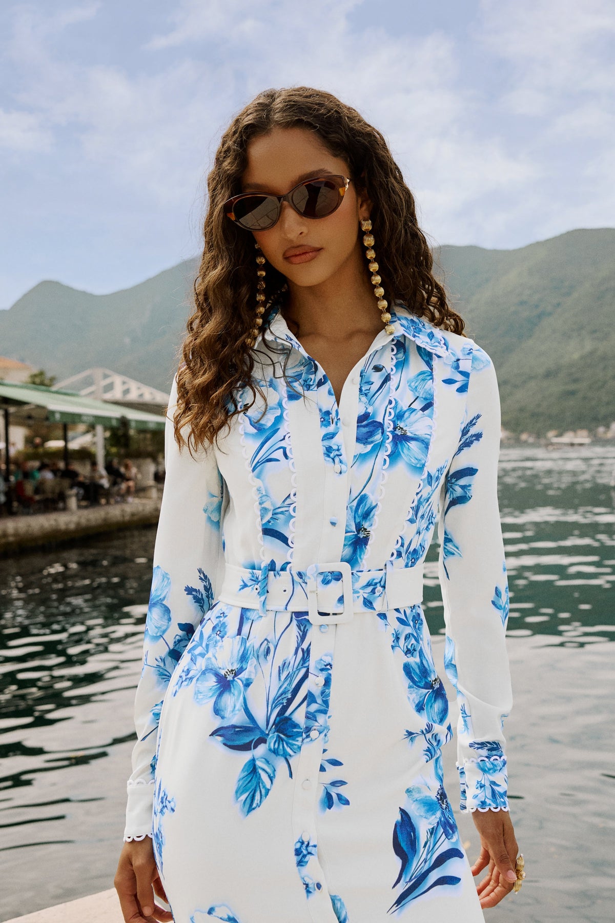 Zephy | Vestido Midi Azul De Estampado Floral Con Cinturón