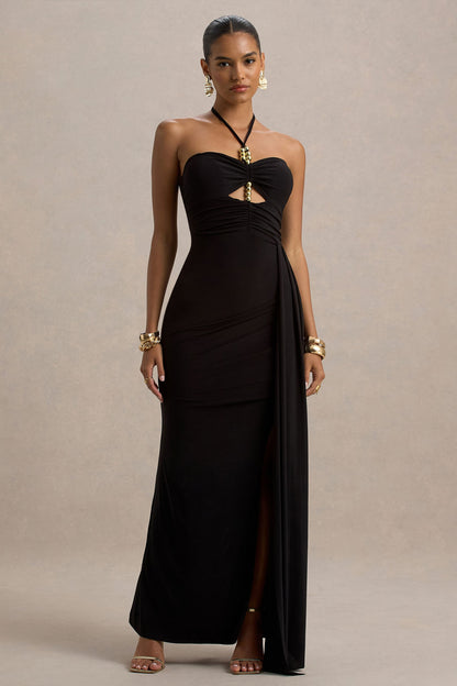 Mohito | Vestido negro largo con escote halter y aberturas