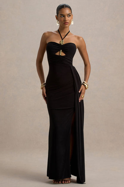 Mohito | Vestido negro largo con escote halter y aberturas