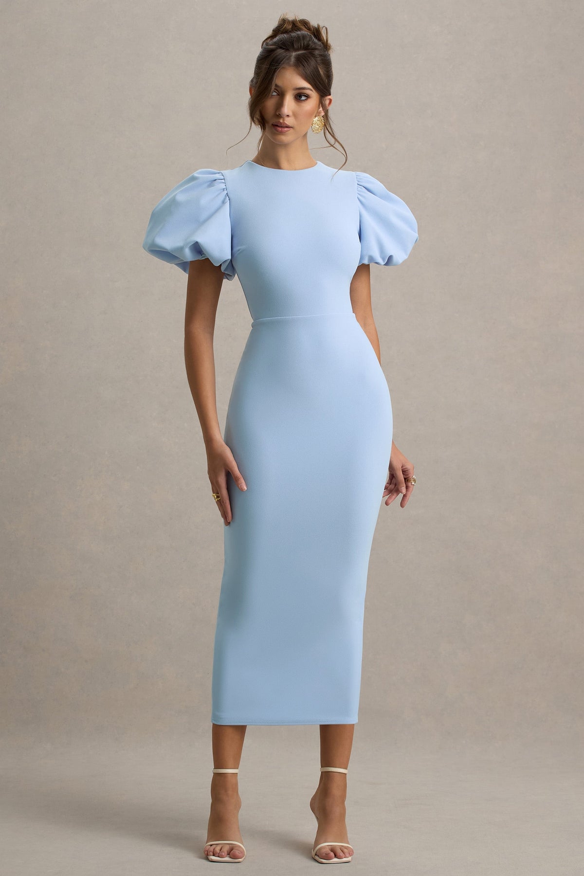 Dakota | Vestido Midi de Manga Abullonada en Azul bebé