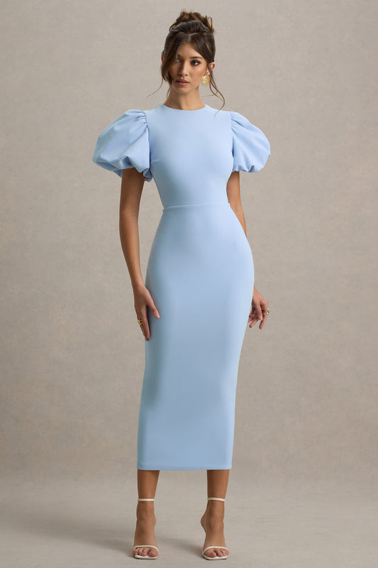 Dakota | Vestido Midi de Manga Abullonada en Azul bebé