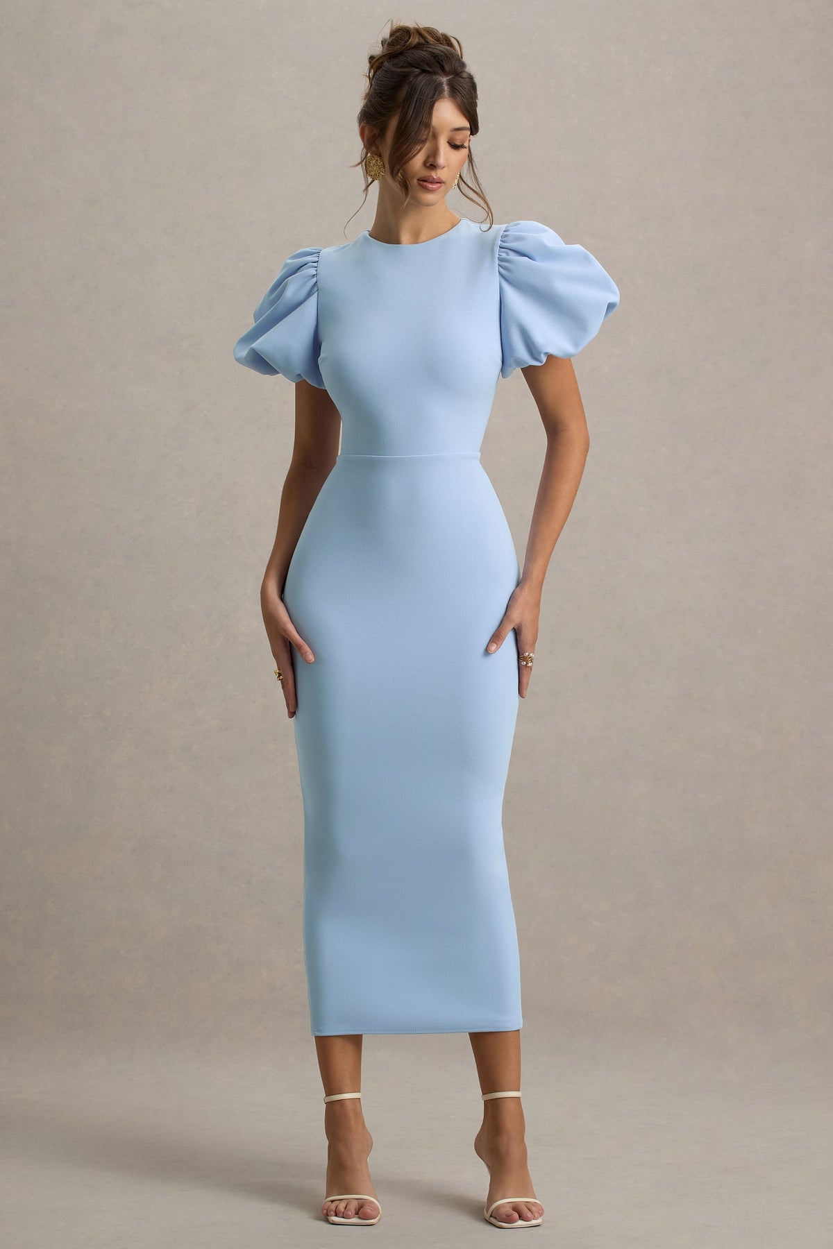 Dakota | Vestido Midi de Manga Abullonada en Azul bebé