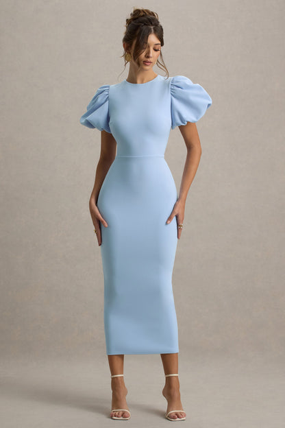 Dakota | Vestido Midi de Manga Abullonada en Azul bebé