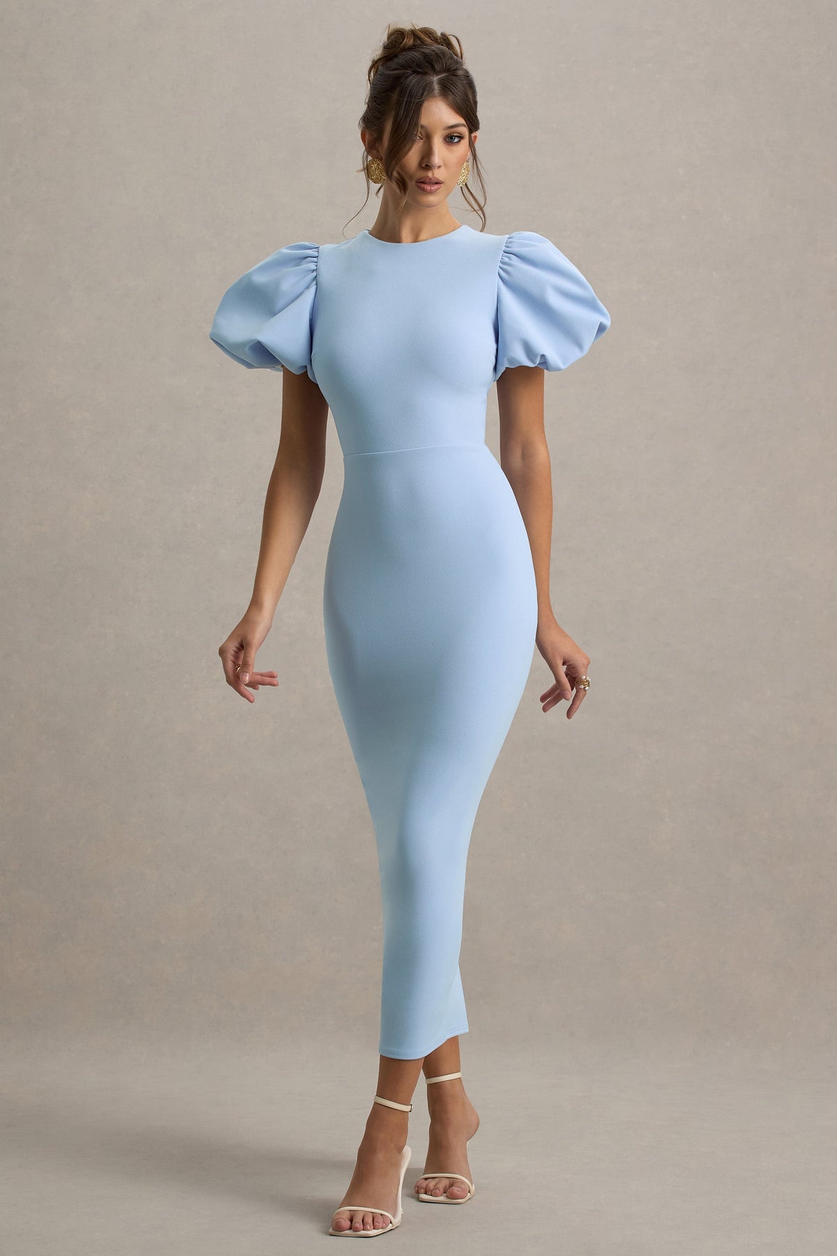 Dakota | Vestido Midi de Manga Abullonada en Azul bebé