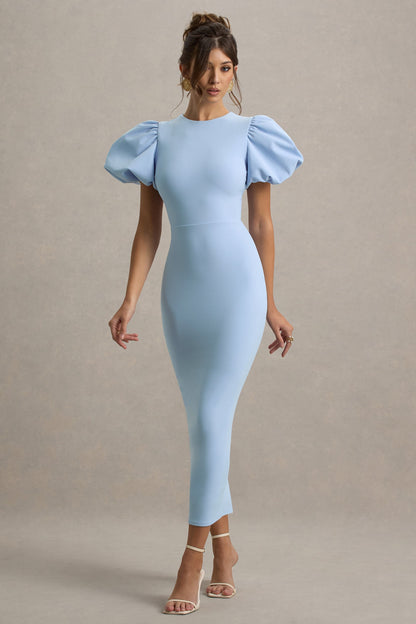 Dakota | Vestido Midi de Manga Abullonada en Azul bebé