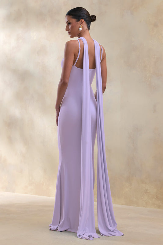 Rhoda | Vestido Largo Lila De Jersey Elástico Con Escote Halter Retorcido Y Abertura Keyhole