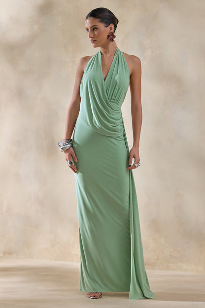 Rosina | Vestido largo drapeado con escote halter y fajín en verde