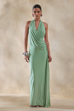 Rosina | Vestido largo drapeado con escote halter y fajín en verde