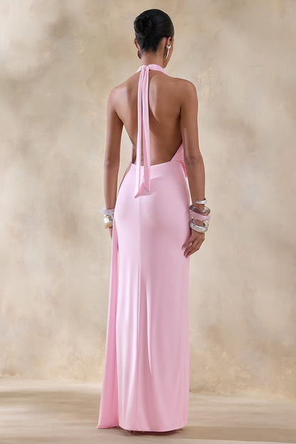 Rosina | Vestido largo rosa con escote halter, silueta drapeada y detalle de fajín