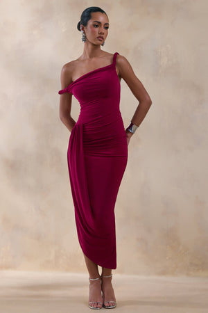 Angelique | Vestido Midi Burdeos con Escote Torcido Asimétrico