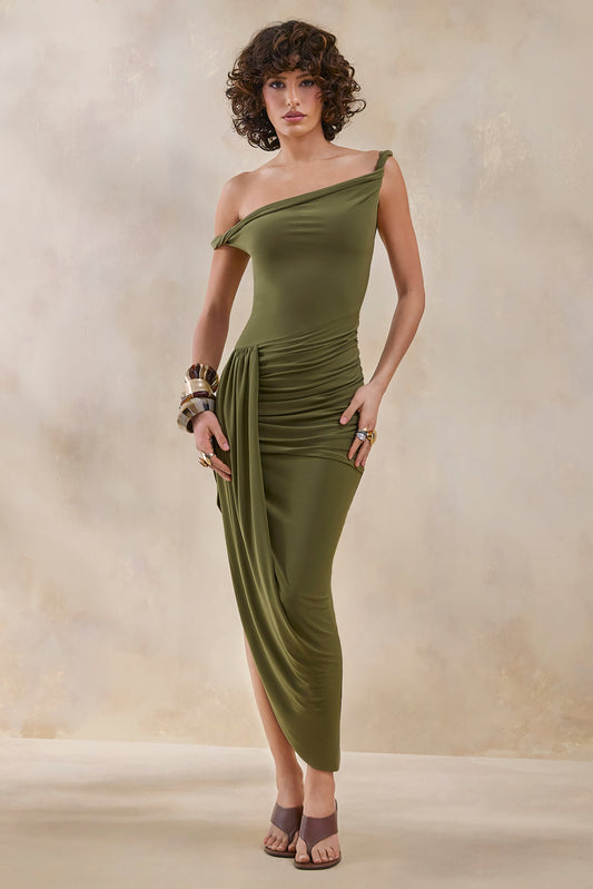 Angelique | Vestido midi verde oliva  asimétrico con escote retorcido