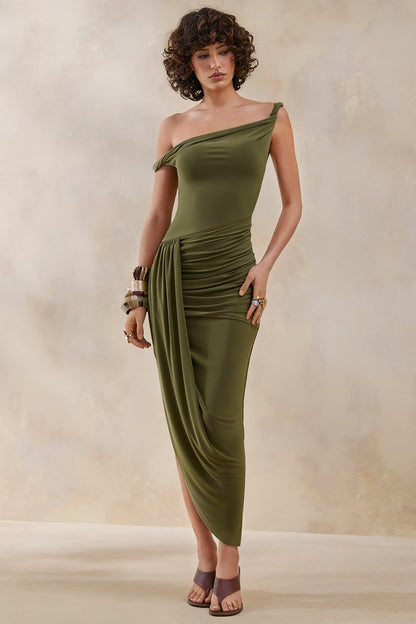 Angelique | Vestido midi verde oliva  asimétrico con escote retorcido