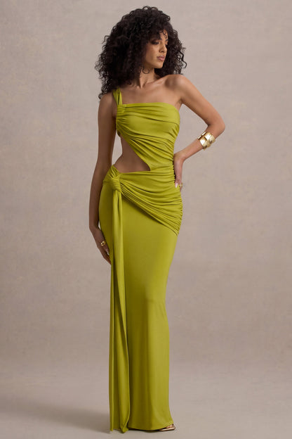 Giovanna | Vestido Largo Verde Oliva Asimétrico Con Falda Cruzada