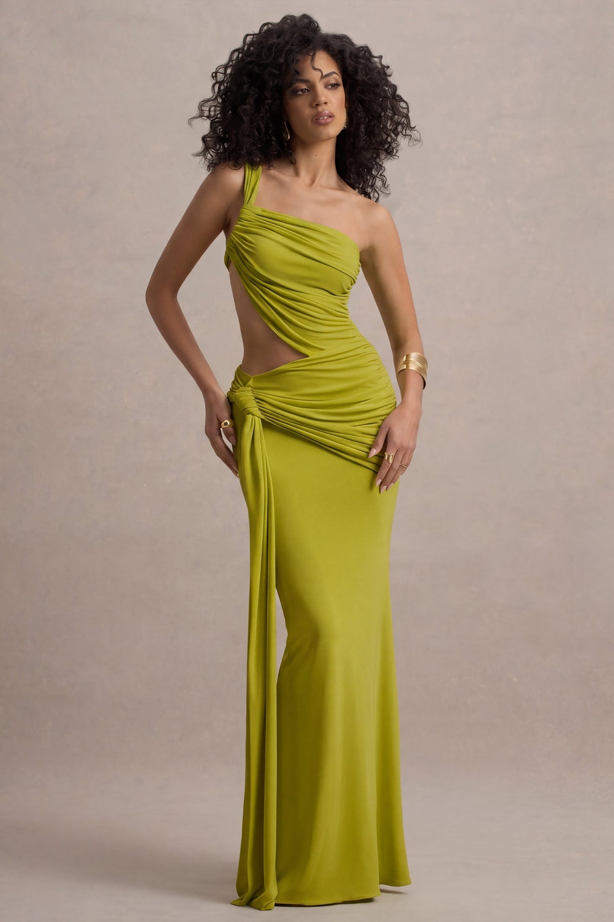 Giovanna | Vestido Largo Verde Oliva Asimétrico Con Falda Cruzada