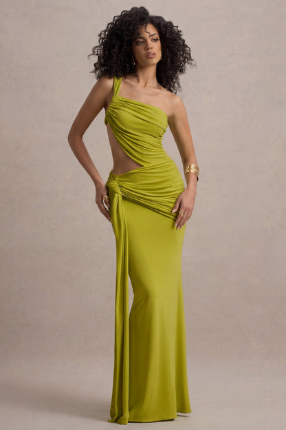 Giovanna | Vestido Largo Verde Oliva Asimétrico Con Falda Cruzada