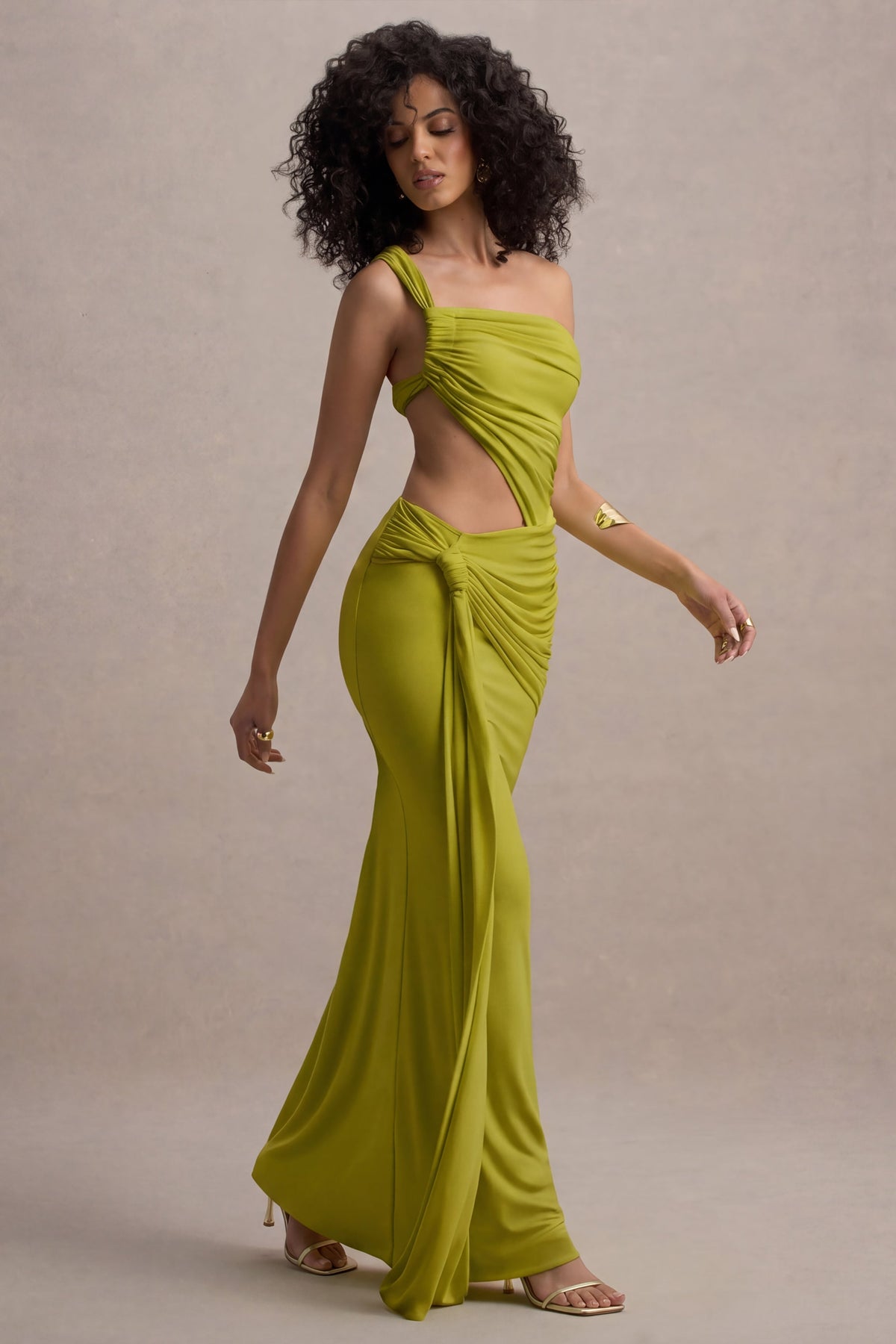 Giovanna | Vestido Largo Verde Oliva Asimétrico Con Falda Cruzada
