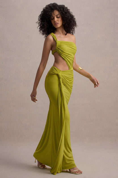 Giovanna | Vestido Largo Verde Oliva Asimétrico Con Falda Cruzada