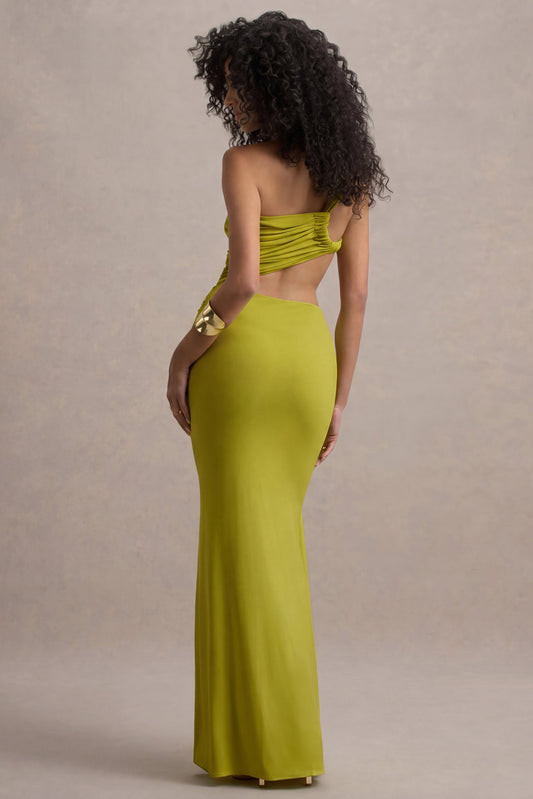 Giovanna | Vestido Largo Verde Oliva Asimétrico Con Falda Cruzada