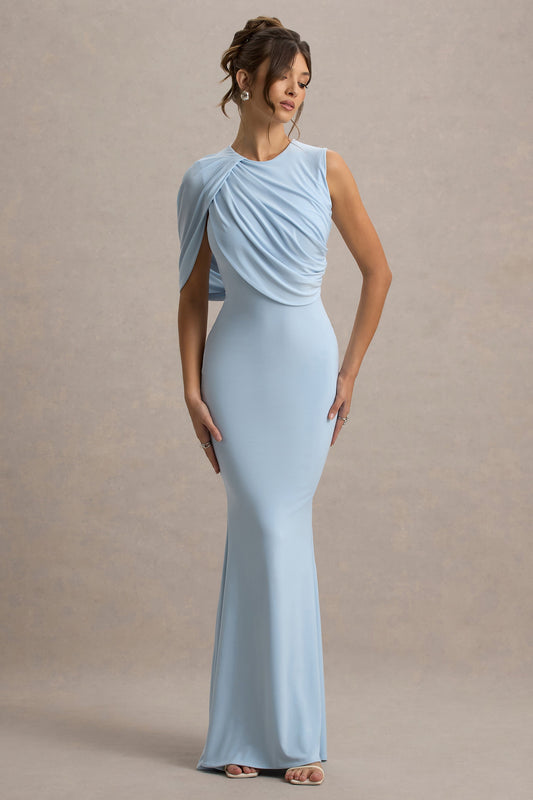 Rae | Vestido largo Azul bebé con Capa drapeada y espalda descubierta
