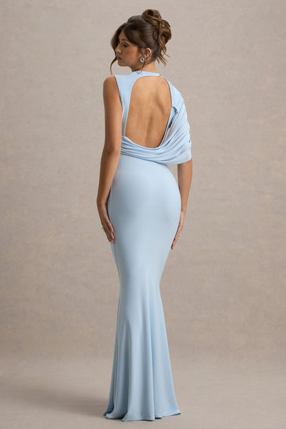 Rae | Vestido largo Azul bebé con Capa drapeada y espalda descubierta