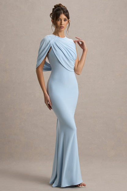 Rae | Vestido largo Azul bebé con Capa drapeada y espalda descubierta