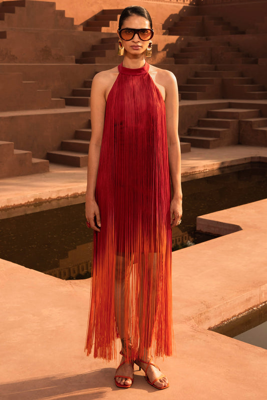 Alessia | Vestido largo de flecos con espalda descubierta en color naranja degradado