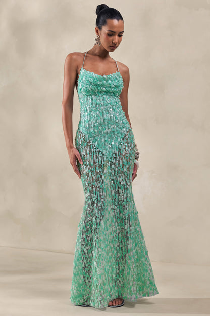 Taryn | Vestido Largo Turquesa con Escote Desbocado y Lentejuelas Premium