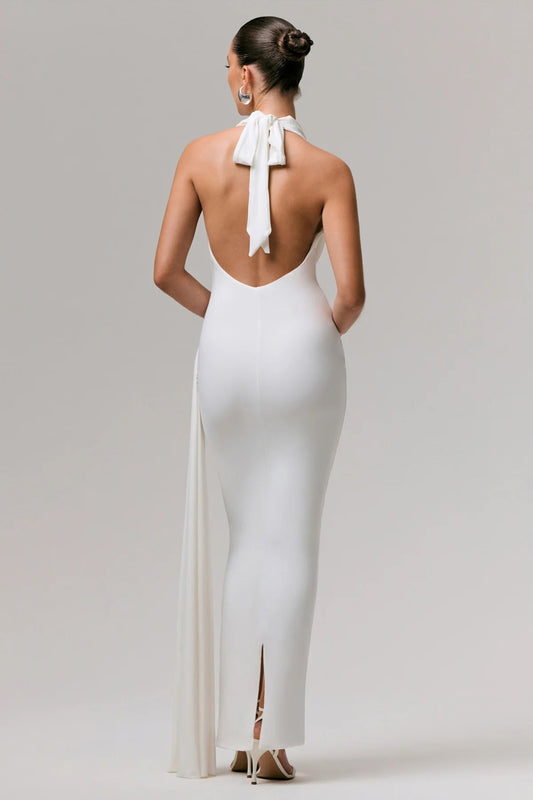 Maude | Vestido largo blanco con escote profundo pronunciado y espalda descubierta