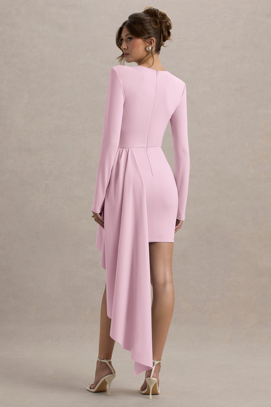 Zaya | Vestido Corto Rosa Manga Larga con Drapeado