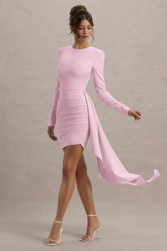 Zaya | Vestido Corto Rosa Manga Larga con Drapeado