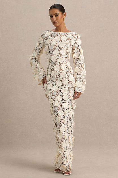 Viper |  Vestido largo de Encaje Crema con Mangas Largas