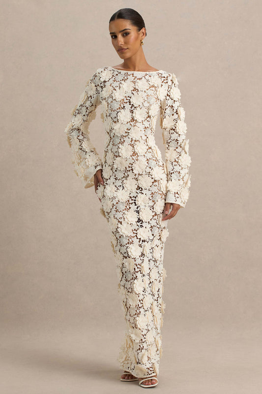 Viper |  Vestido largo de Encaje Crema con Mangas Largas
