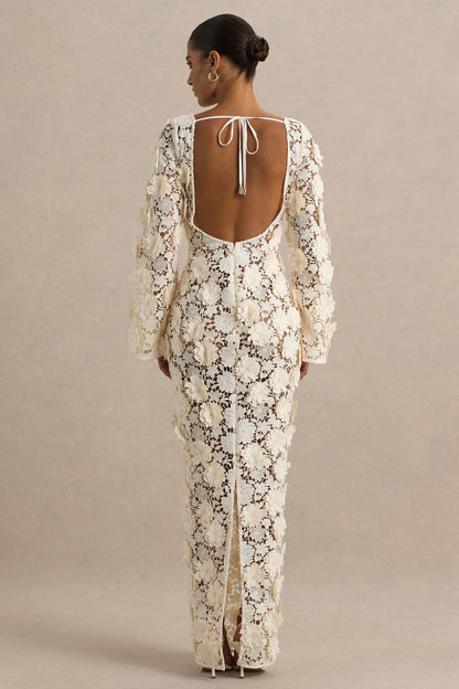 Viper |  Vestido largo de Encaje Crema con Mangas Largas