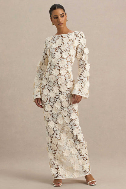 Viper |  Vestido largo de Encaje Crema con Mangas Largas