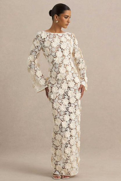 Viper |  Vestido largo de Encaje Crema con Mangas Largas