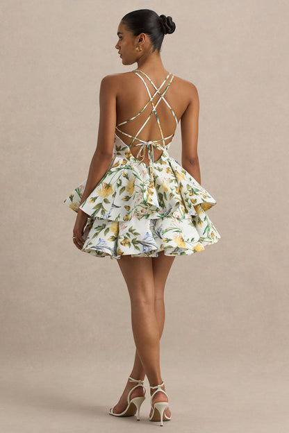 Flavia | Vestido corto con escote pronunciado y falda con volantes de estampado floral