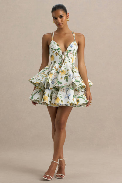 Flavia | Vestido corto con escote pronunciado y falda con volantes de estampado floral