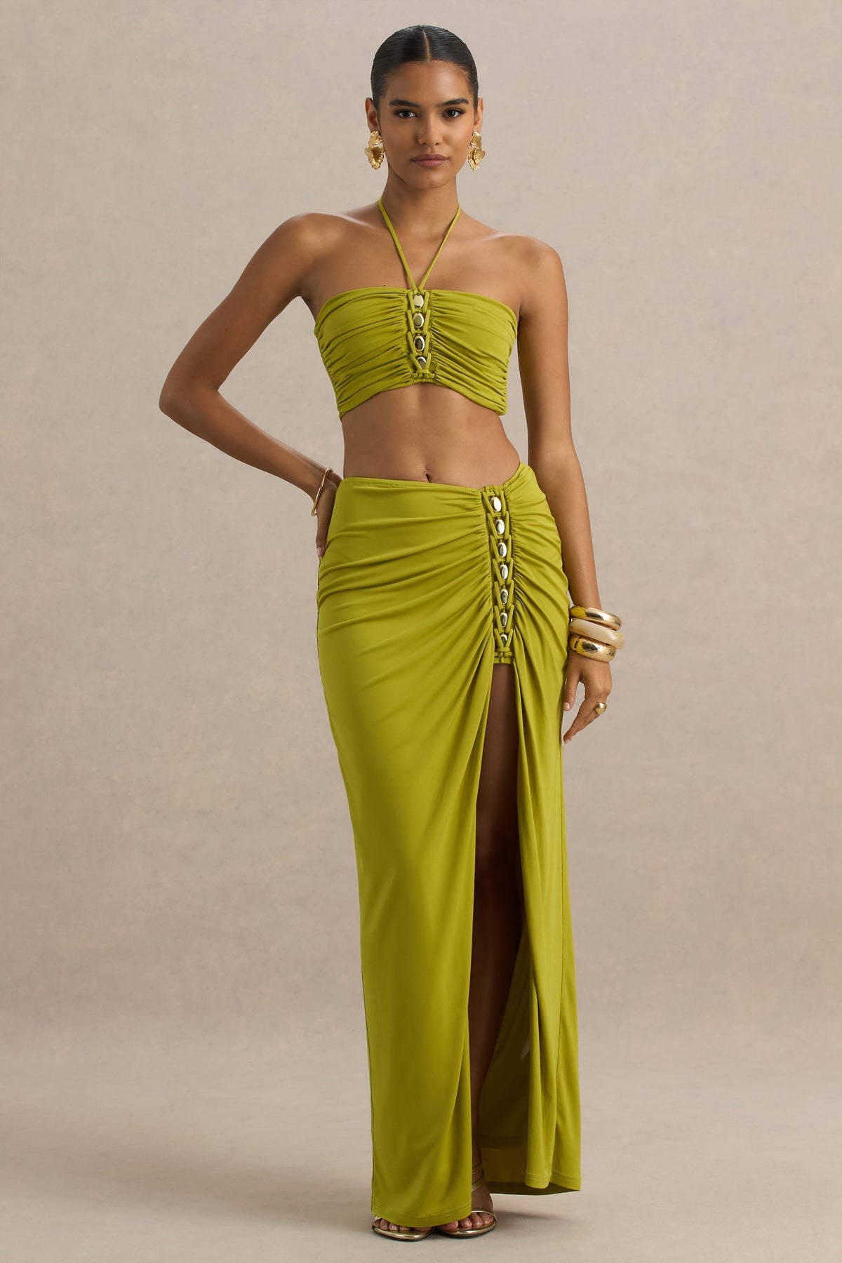 Coastline | Falda larga verde con detalles dorados