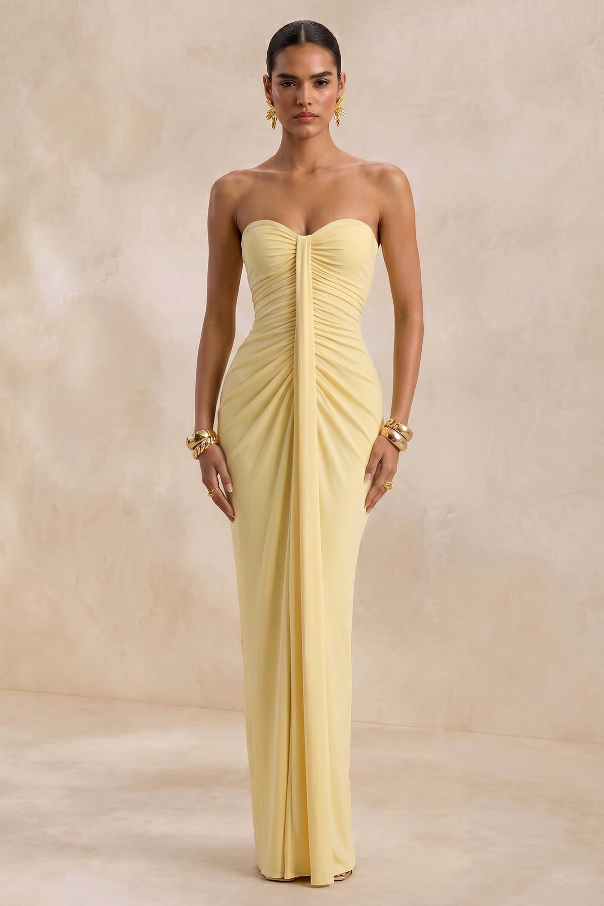 Ali | Vestido Largo color limón con escote corazón y detalle drapeado