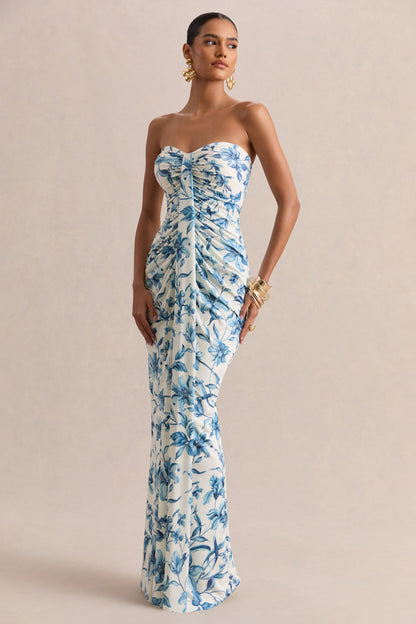 Ali | Vestido Largo Cruzado Con Fruncido Y Escote Corazón En Estampado Porcelana Azul