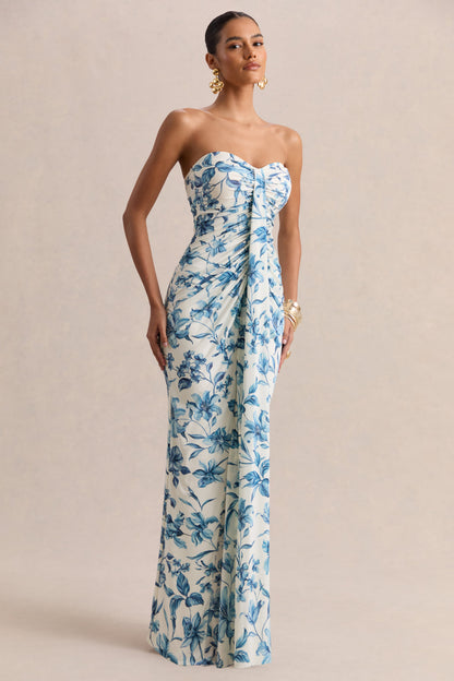 Ali | Vestido Largo Cruzado Con Fruncido Y Escote Corazón En Estampado Porcelana Azul