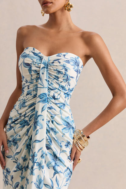 Ali | Vestido Largo Cruzado Con Fruncido Y Escote Corazón En Estampado Porcelana Azul