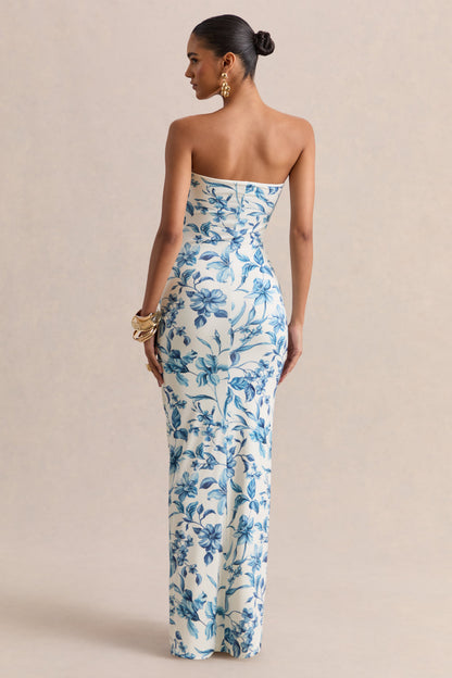 Ali | Vestido Largo Cruzado Con Fruncido Y Escote Corazón En Estampado Porcelana Azul