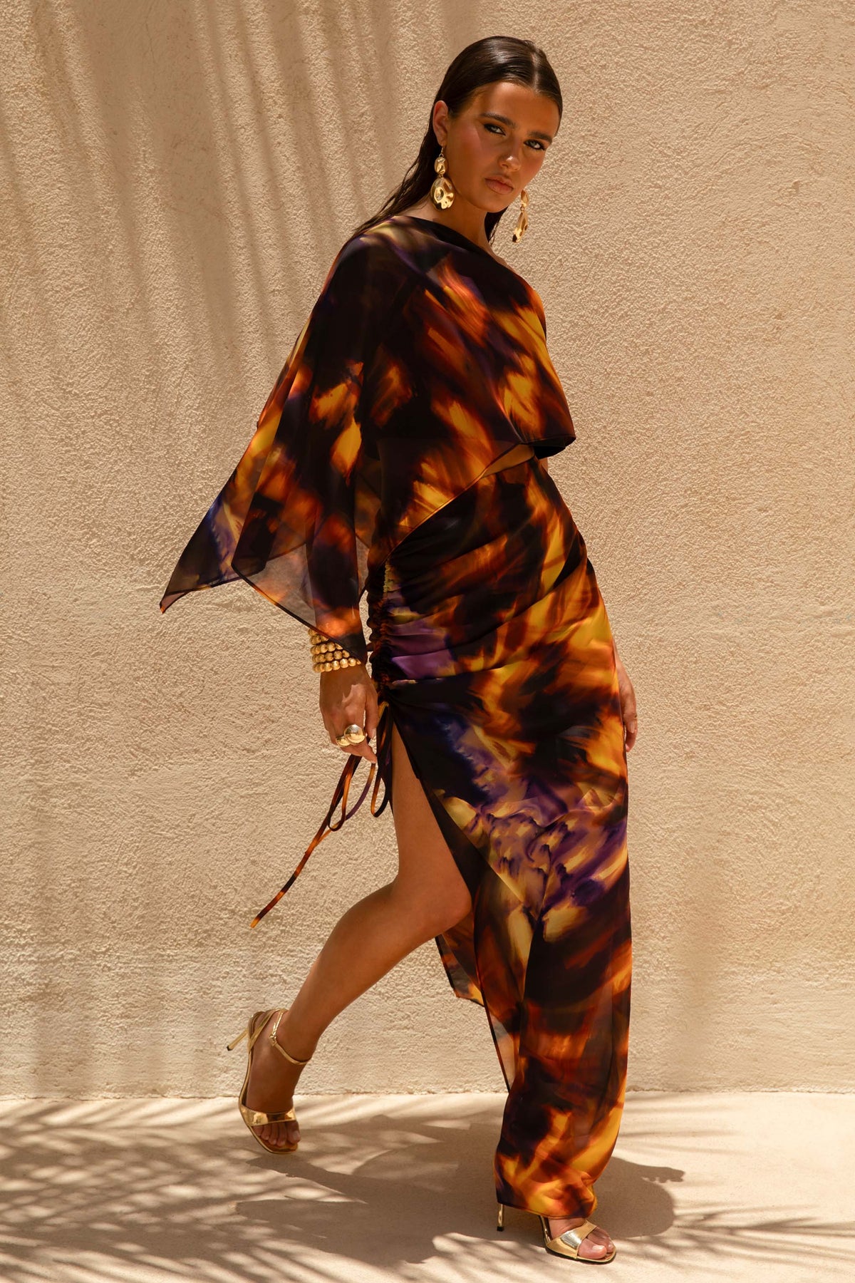 Nadine | Falda larga de chiffon con abertura con Cordón ajustable degradada