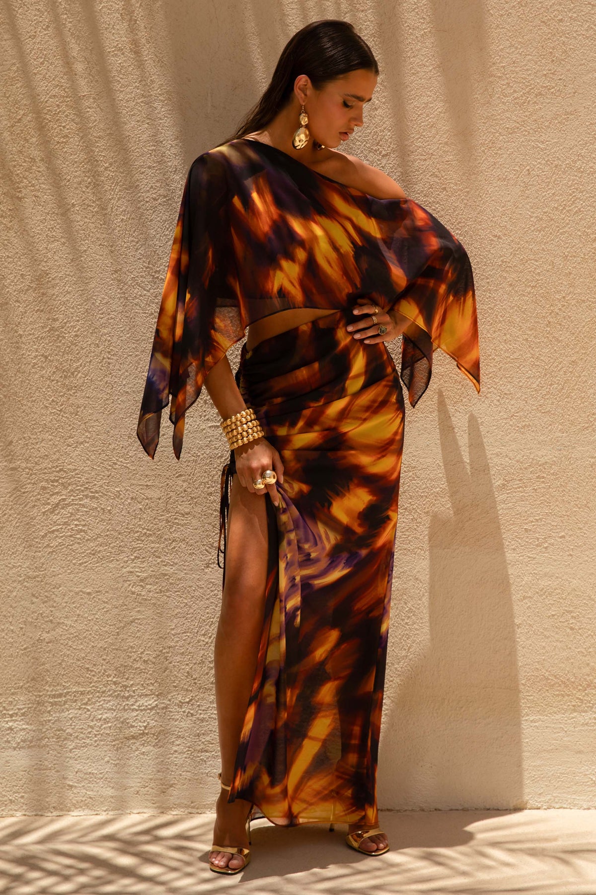 Nadine | Falda larga de chiffon con abertura con Cordón ajustable degradada