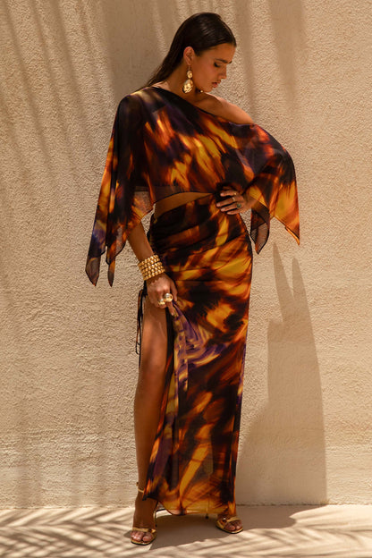 Nadine | Falda larga de chiffon con abertura con Cordón ajustable degradada