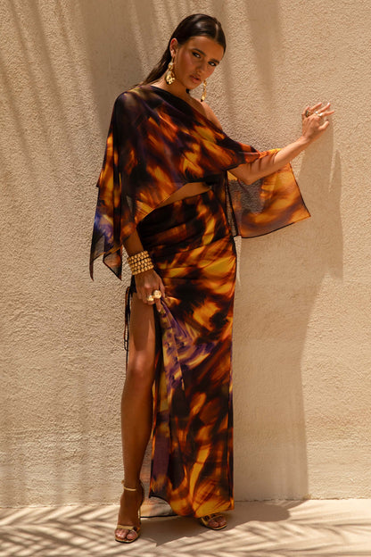 Nadine | Falda larga de chiffon con abertura con Cordón ajustable degradada